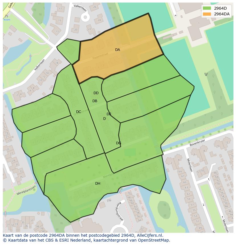 Afbeelding van het postcodegebied 2964 DA op de kaart.