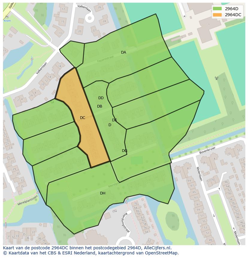 Afbeelding van het postcodegebied 2964 DC op de kaart.