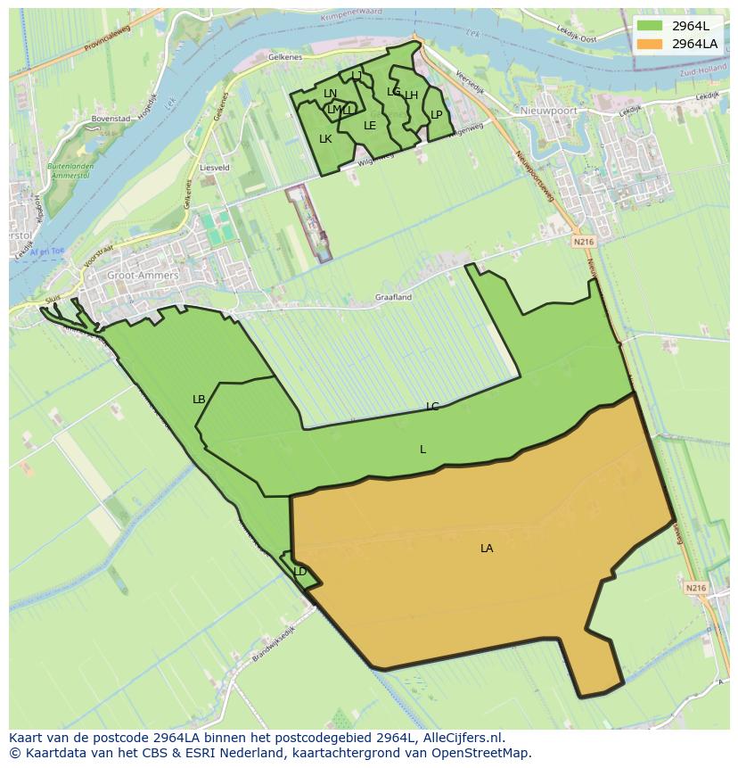 Afbeelding van het postcodegebied 2964 LA op de kaart.