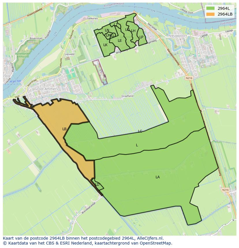 Afbeelding van het postcodegebied 2964 LB op de kaart.