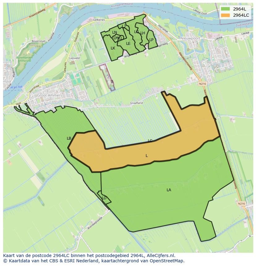 Afbeelding van het postcodegebied 2964 LC op de kaart.