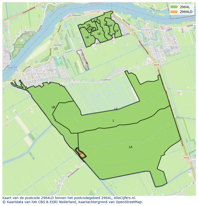 Afbeelding van het postcodegebied 2964 LD op de kaart.