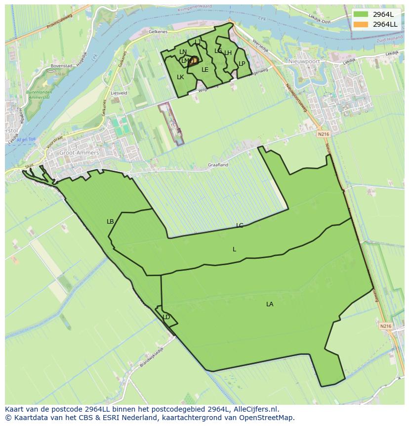 Afbeelding van het postcodegebied 2964 LL op de kaart.