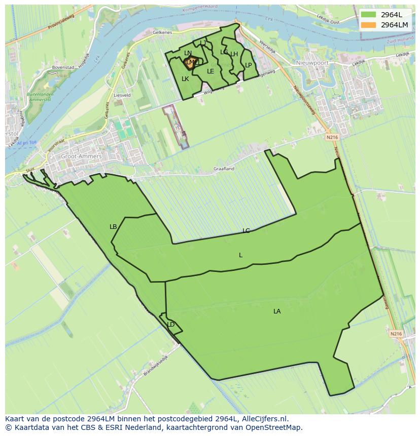 Afbeelding van het postcodegebied 2964 LM op de kaart.