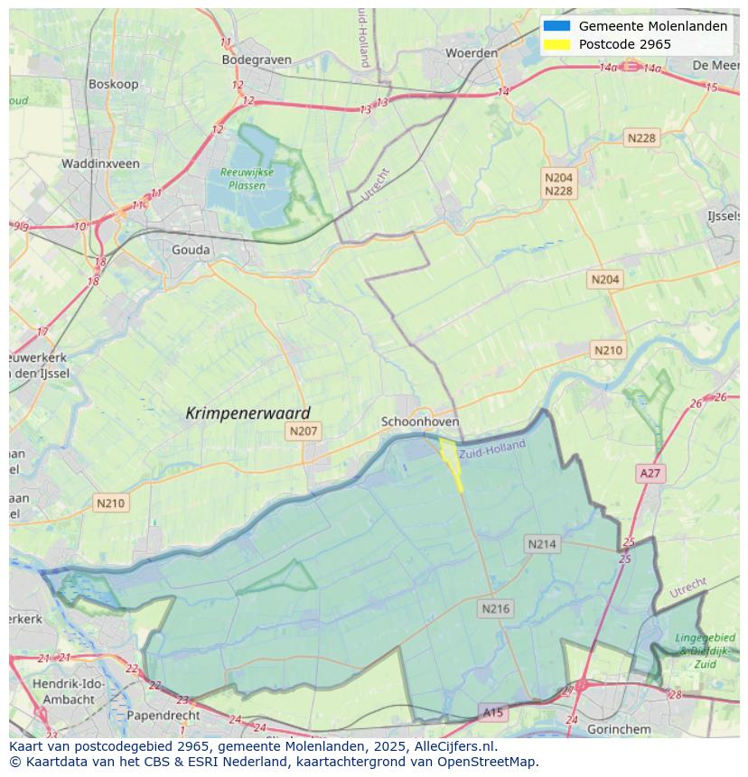 Afbeelding van het postcodegebied 2965 op de kaart.