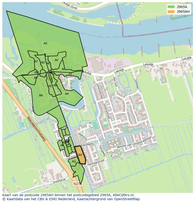 Afbeelding van het postcodegebied 2965 AH op de kaart.