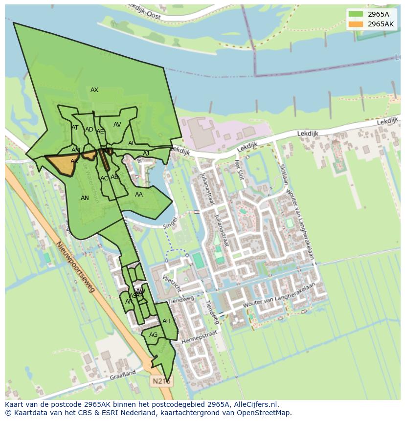 Afbeelding van het postcodegebied 2965 AK op de kaart.