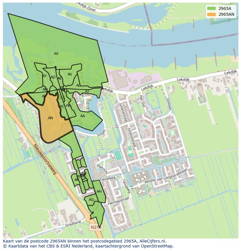 Afbeelding van het postcodegebied 2965 AN op de kaart.