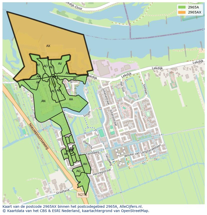 Afbeelding van het postcodegebied 2965 AX op de kaart.