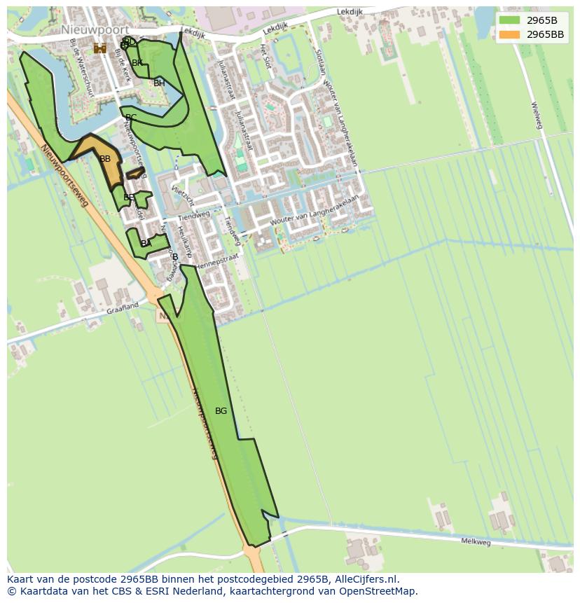 Afbeelding van het postcodegebied 2965 BB op de kaart.