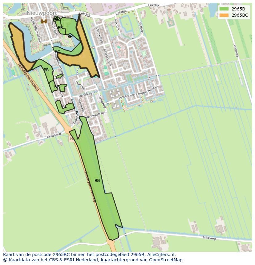 Afbeelding van het postcodegebied 2965 BC op de kaart.