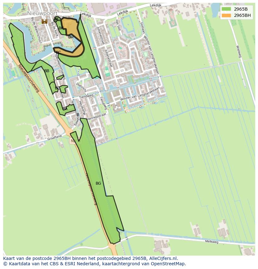 Afbeelding van het postcodegebied 2965 BH op de kaart.