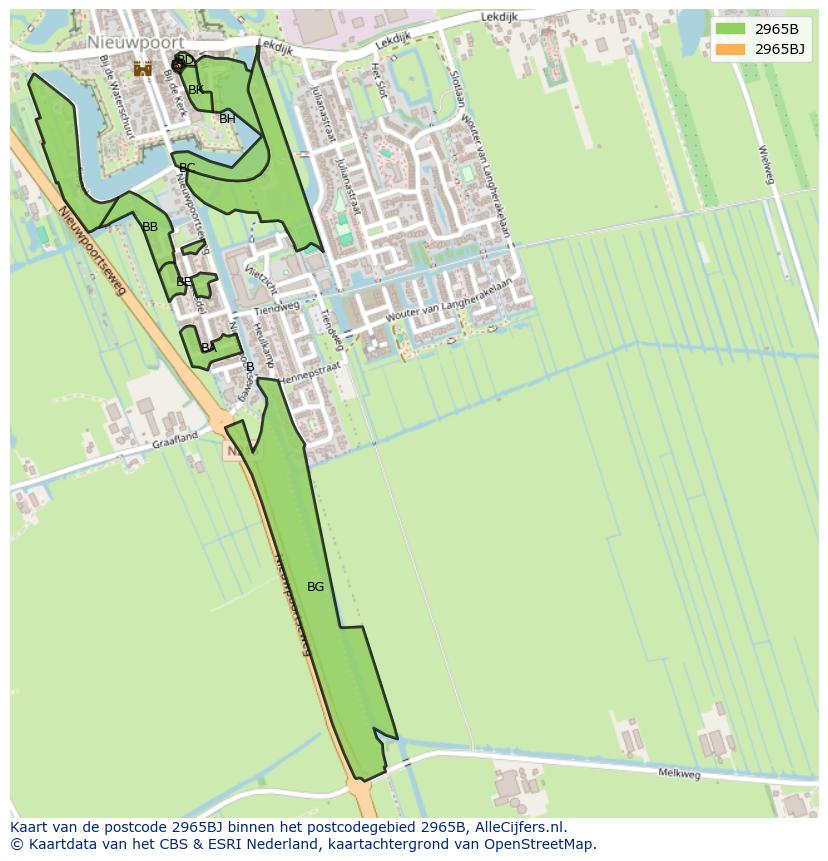Afbeelding van het postcodegebied 2965 BJ op de kaart.