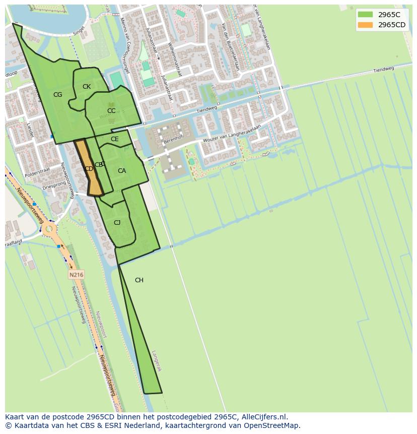 Afbeelding van het postcodegebied 2965 CD op de kaart.