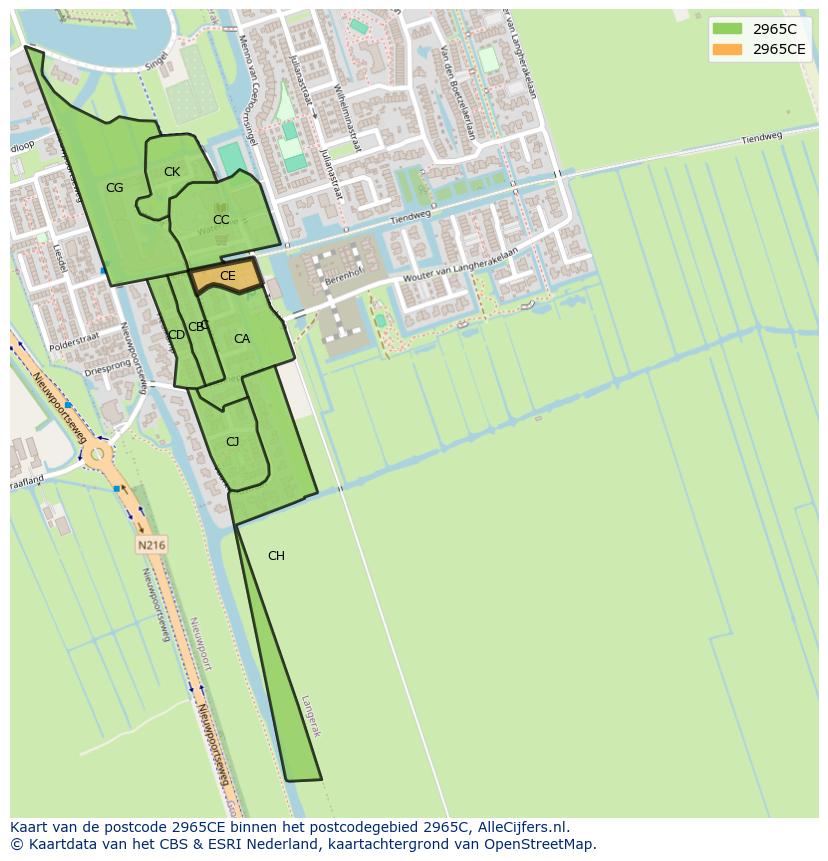 Afbeelding van het postcodegebied 2965 CE op de kaart.