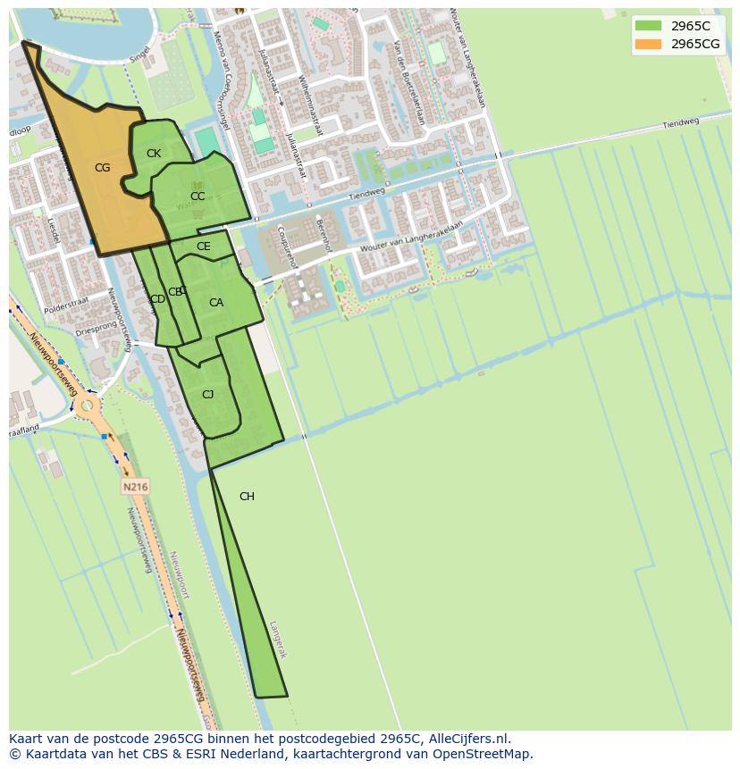 Afbeelding van het postcodegebied 2965 CG op de kaart.
