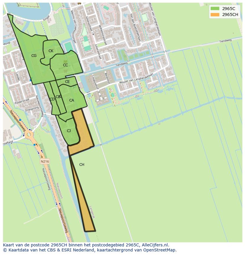 Afbeelding van het postcodegebied 2965 CH op de kaart.