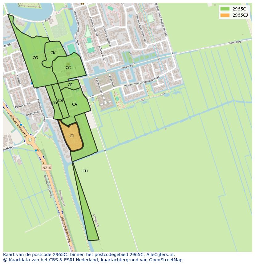 Afbeelding van het postcodegebied 2965 CJ op de kaart.