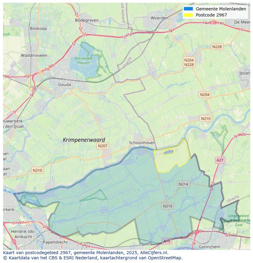Afbeelding van het postcodegebied 2967 op de kaart.