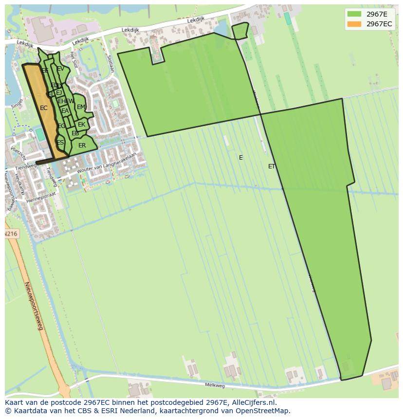 Afbeelding van het postcodegebied 2967 EC op de kaart.