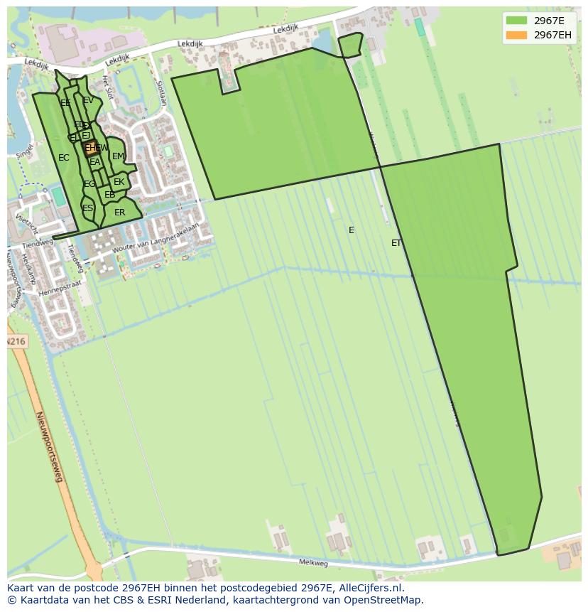 Afbeelding van het postcodegebied 2967 EH op de kaart.