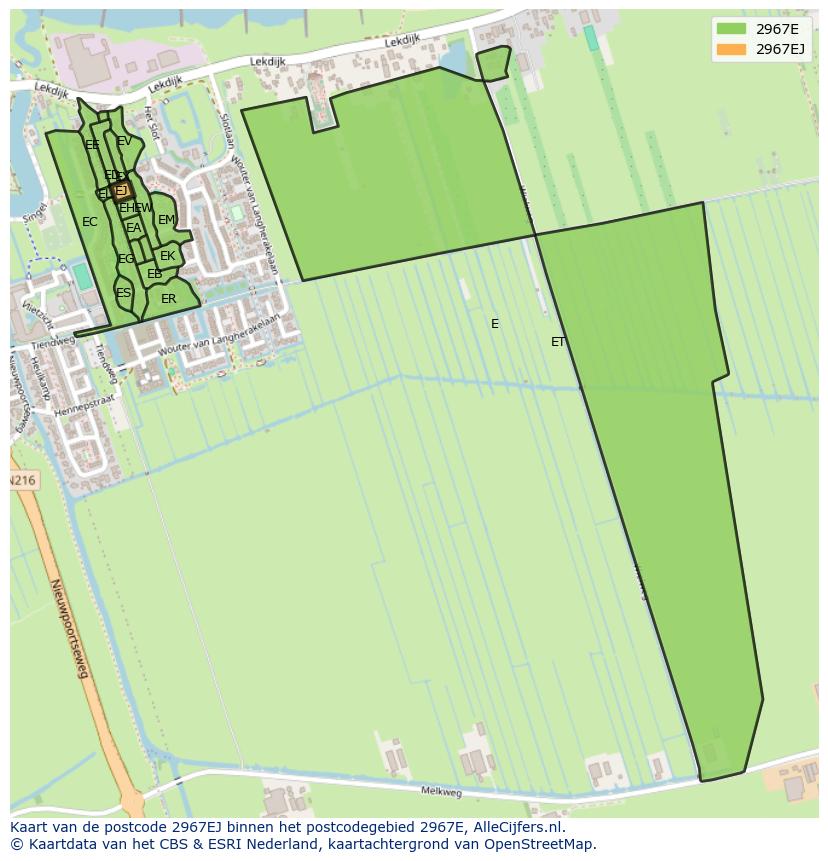 Afbeelding van het postcodegebied 2967 EJ op de kaart.
