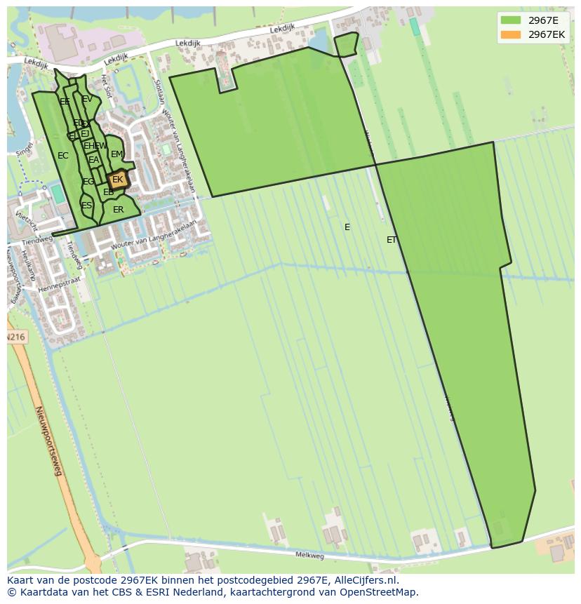 Afbeelding van het postcodegebied 2967 EK op de kaart.
