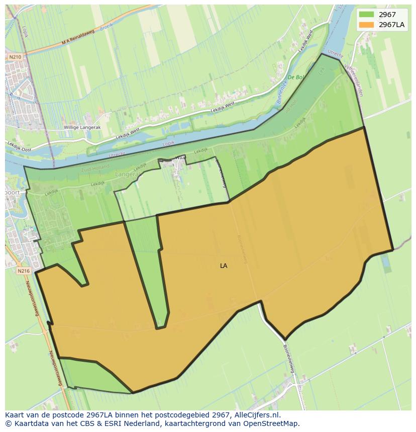 Afbeelding van het postcodegebied 2967 LA op de kaart.