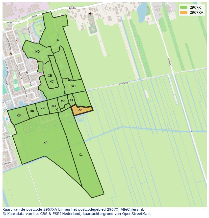 Afbeelding van het postcodegebied 2967 XA op de kaart.