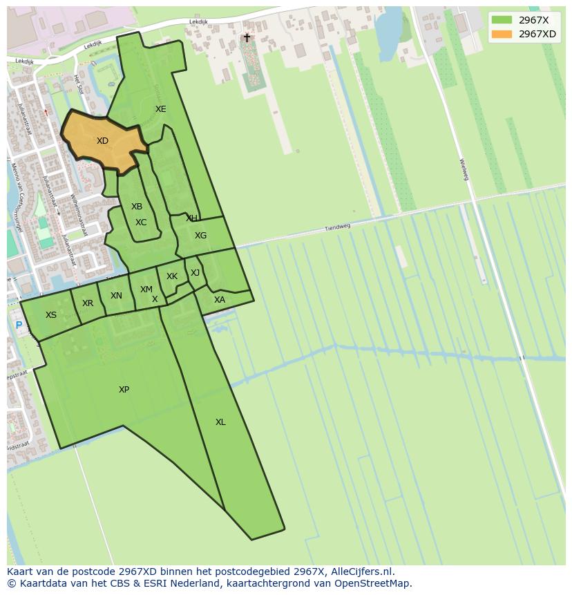 Afbeelding van het postcodegebied 2967 XD op de kaart.