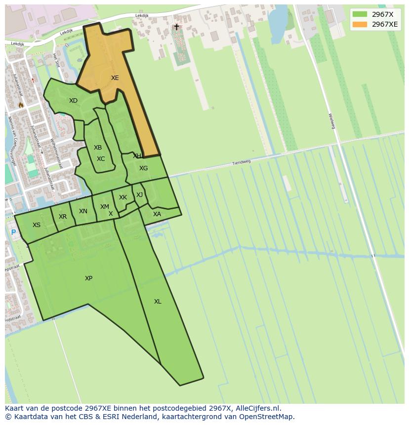 Afbeelding van het postcodegebied 2967 XE op de kaart.