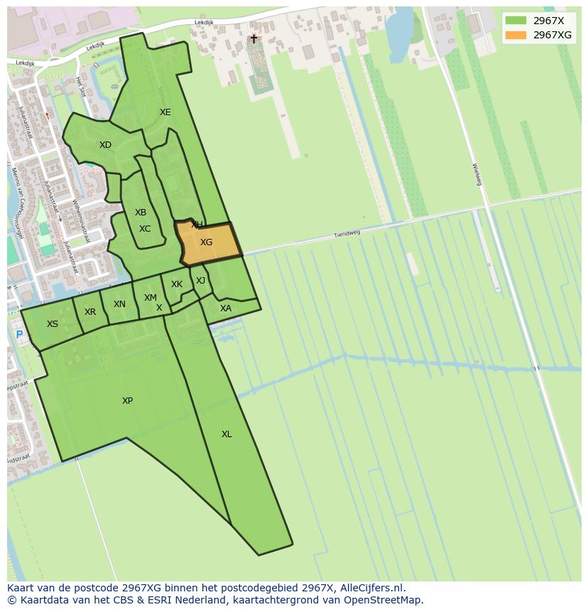 Afbeelding van het postcodegebied 2967 XG op de kaart.
