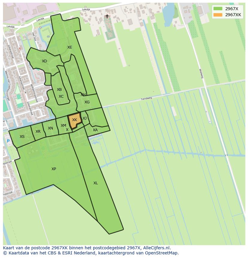 Afbeelding van het postcodegebied 2967 XK op de kaart.
