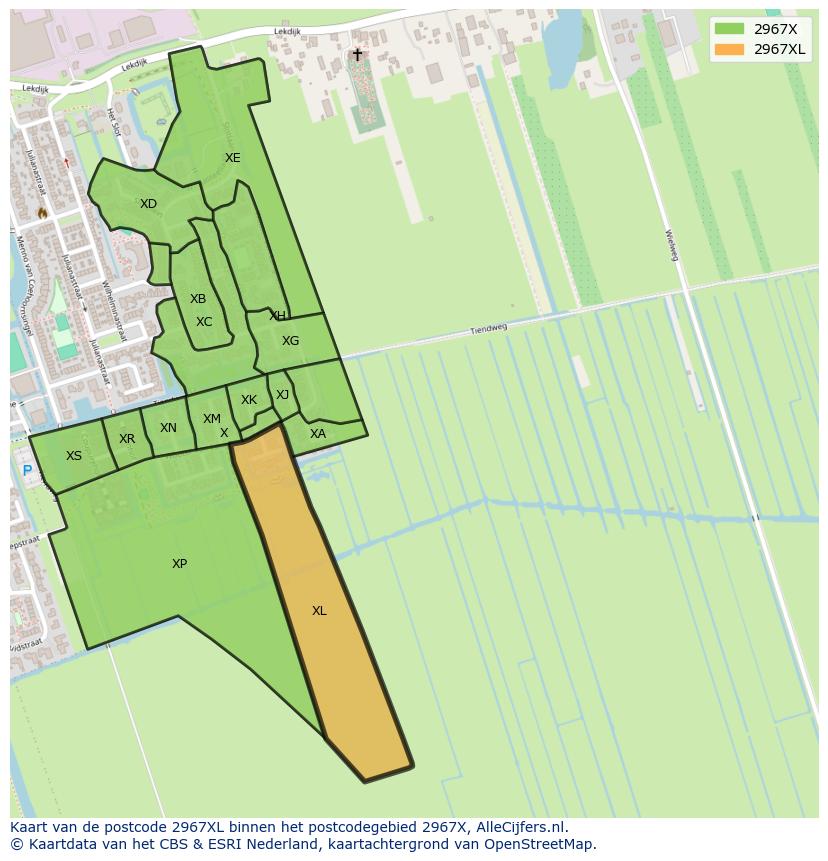 Afbeelding van het postcodegebied 2967 XL op de kaart.