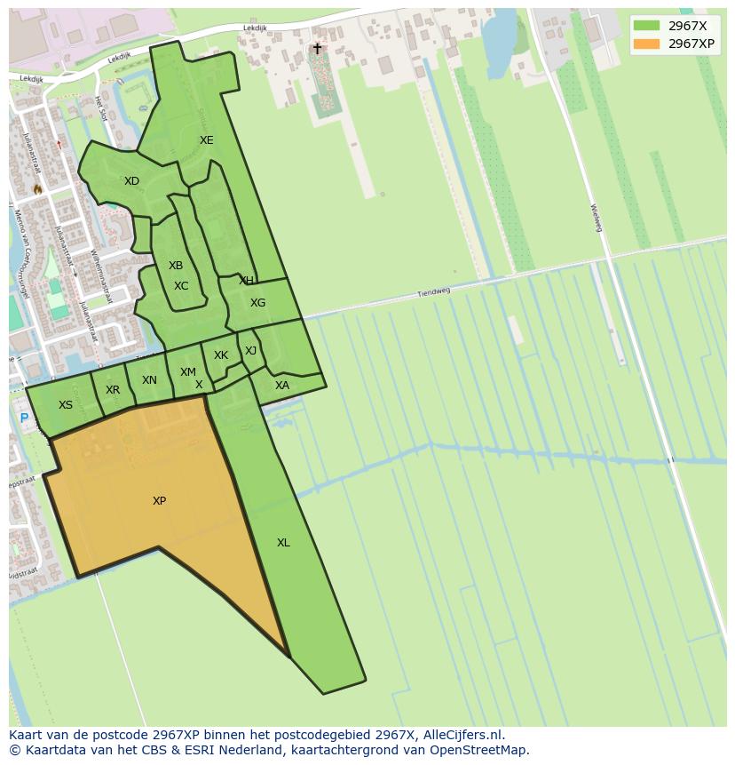 Afbeelding van het postcodegebied 2967 XP op de kaart.
