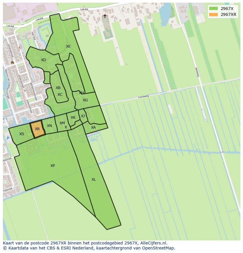 Afbeelding van het postcodegebied 2967 XR op de kaart.