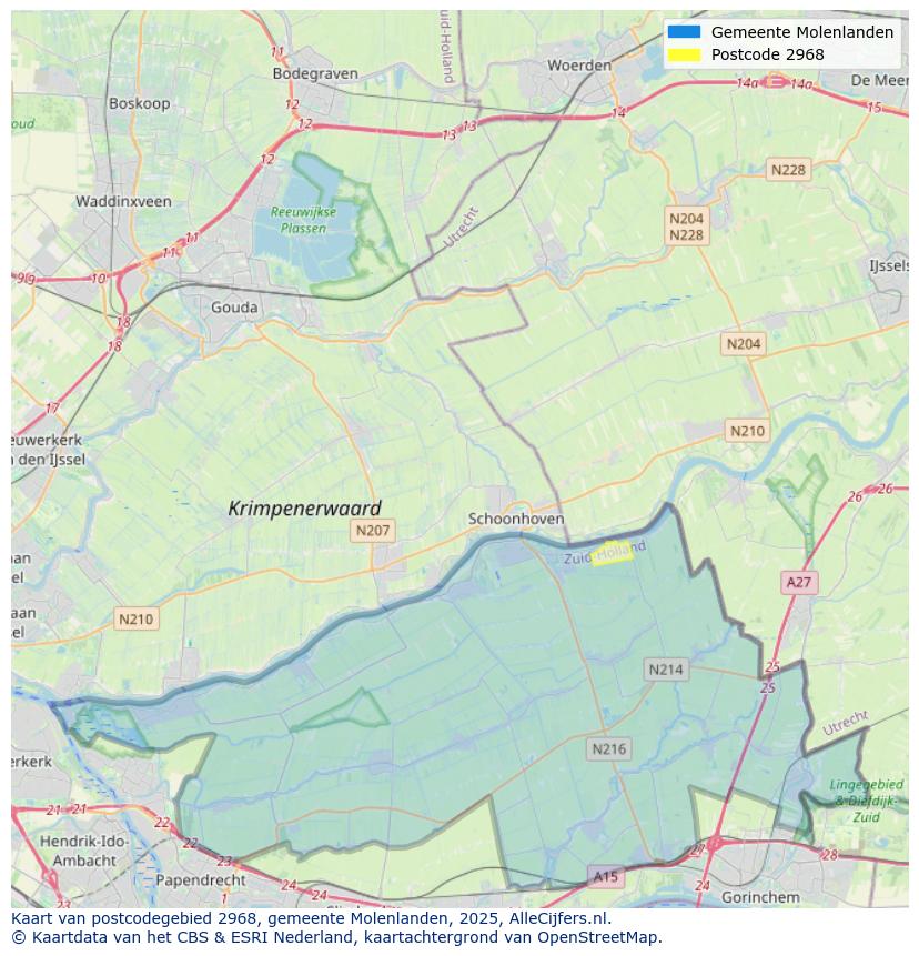 Afbeelding van het postcodegebied 2968 op de kaart.