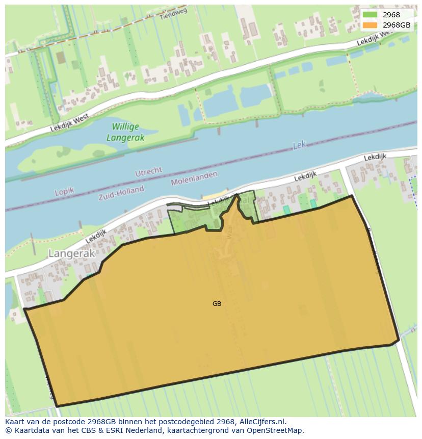 Afbeelding van het postcodegebied 2968 GB op de kaart.