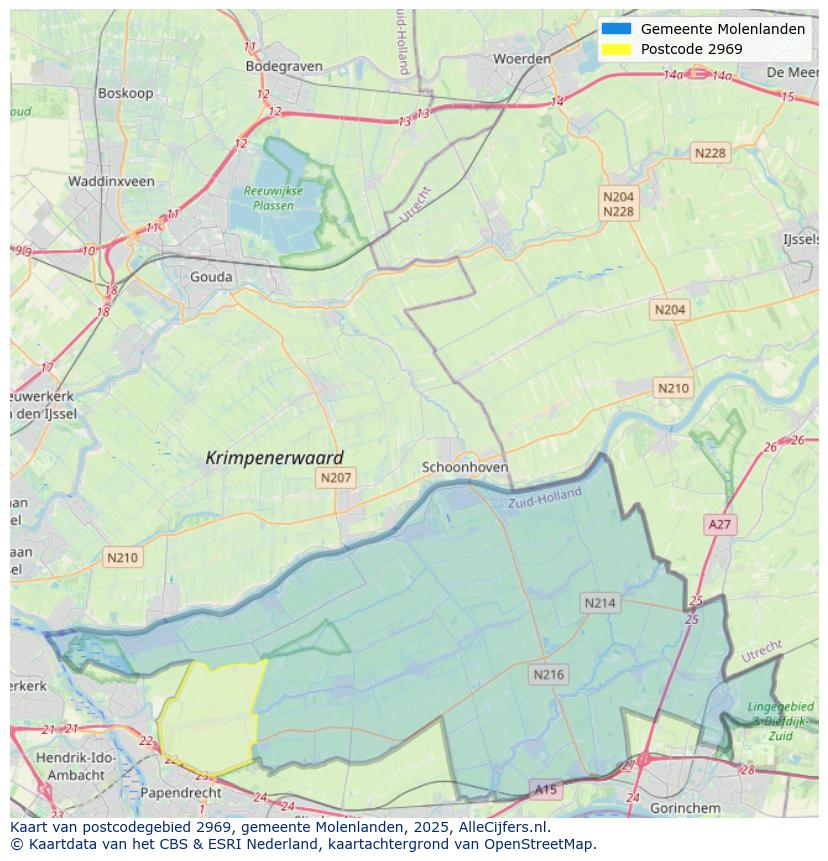Afbeelding van het postcodegebied 2969 op de kaart.