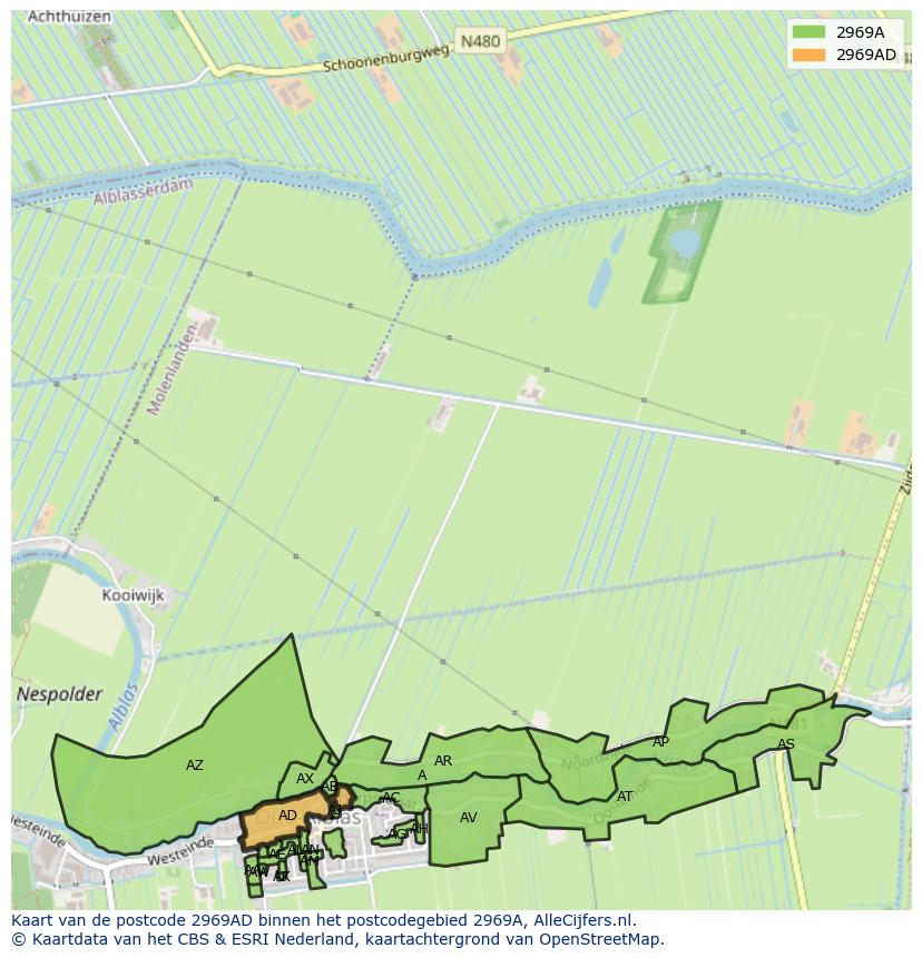 Afbeelding van het postcodegebied 2969 AD op de kaart.