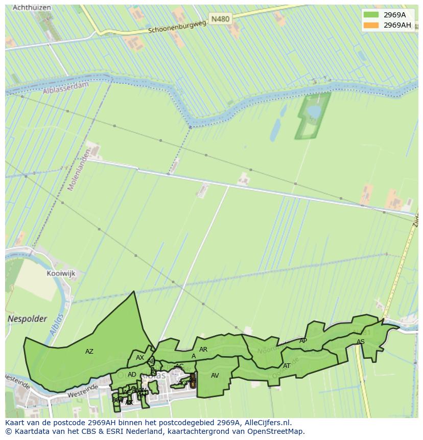 Afbeelding van het postcodegebied 2969 AH op de kaart.