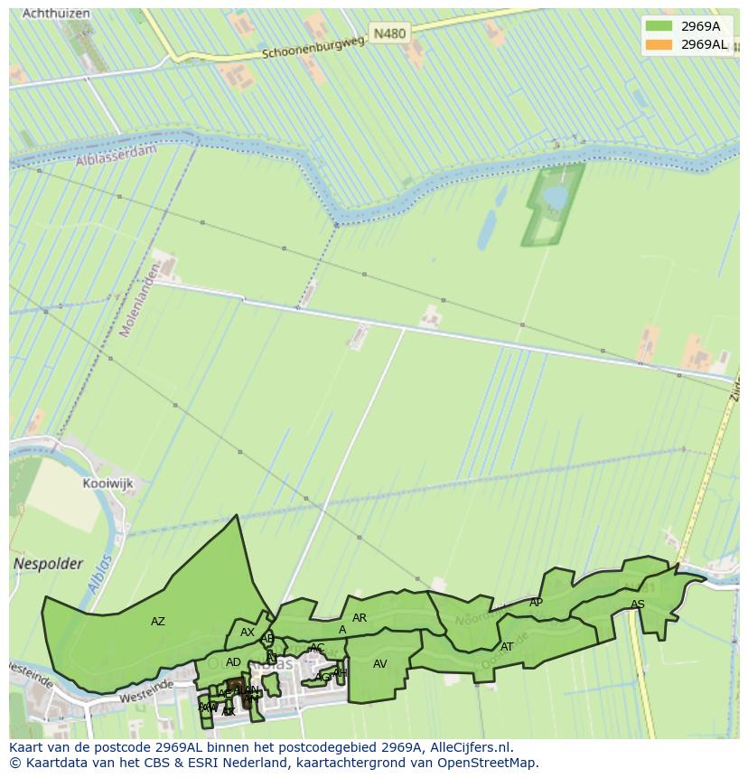 Afbeelding van het postcodegebied 2969 AL op de kaart.