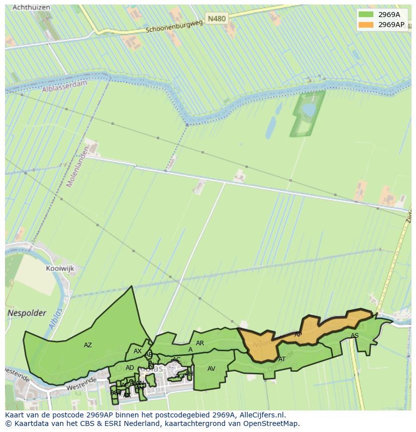 Afbeelding van het postcodegebied 2969 AP op de kaart.