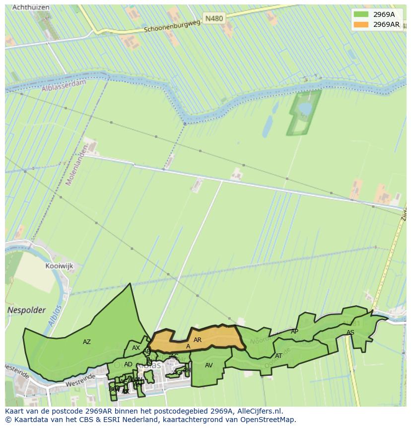 Afbeelding van het postcodegebied 2969 AR op de kaart.