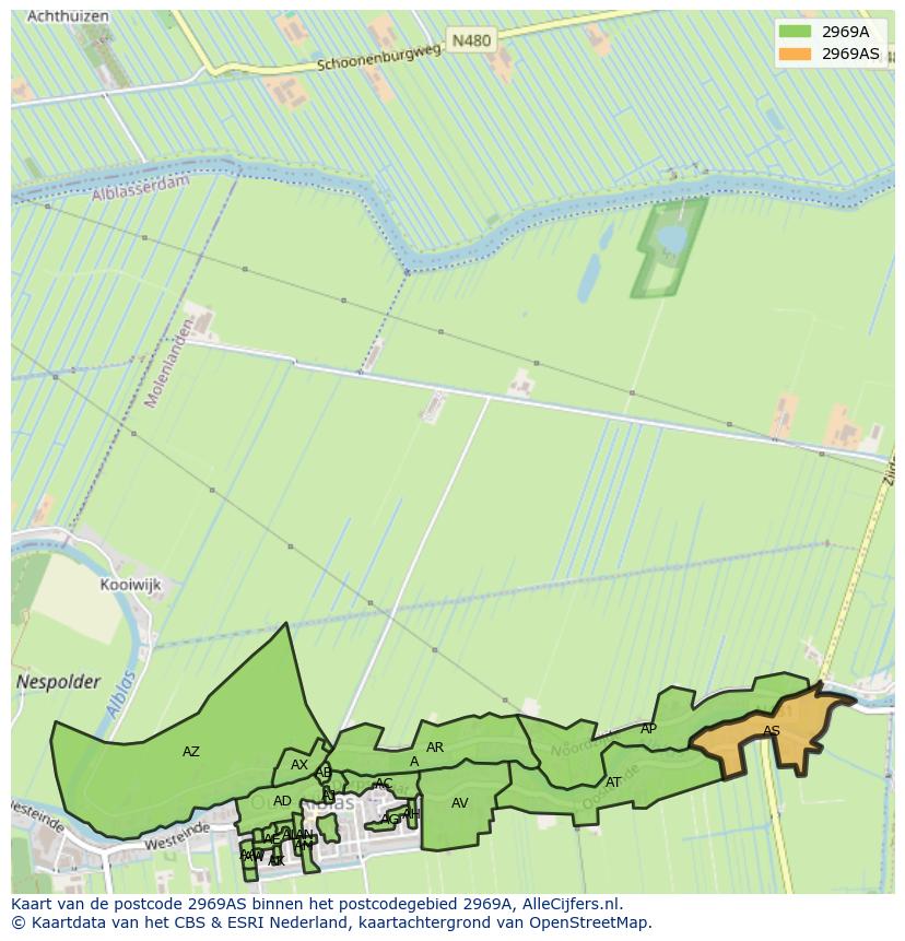 Afbeelding van het postcodegebied 2969 AS op de kaart.