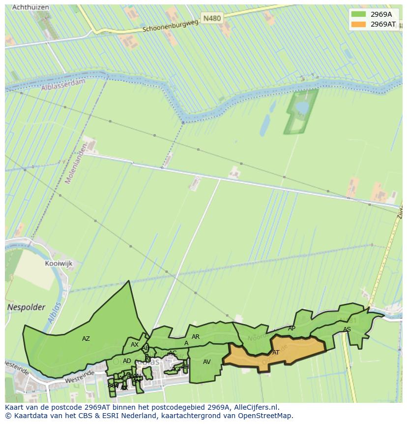 Afbeelding van het postcodegebied 2969 AT op de kaart.