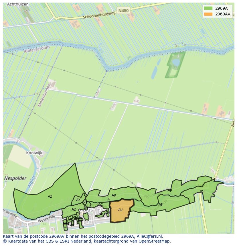 Afbeelding van het postcodegebied 2969 AV op de kaart.
