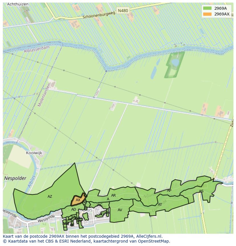 Afbeelding van het postcodegebied 2969 AX op de kaart.