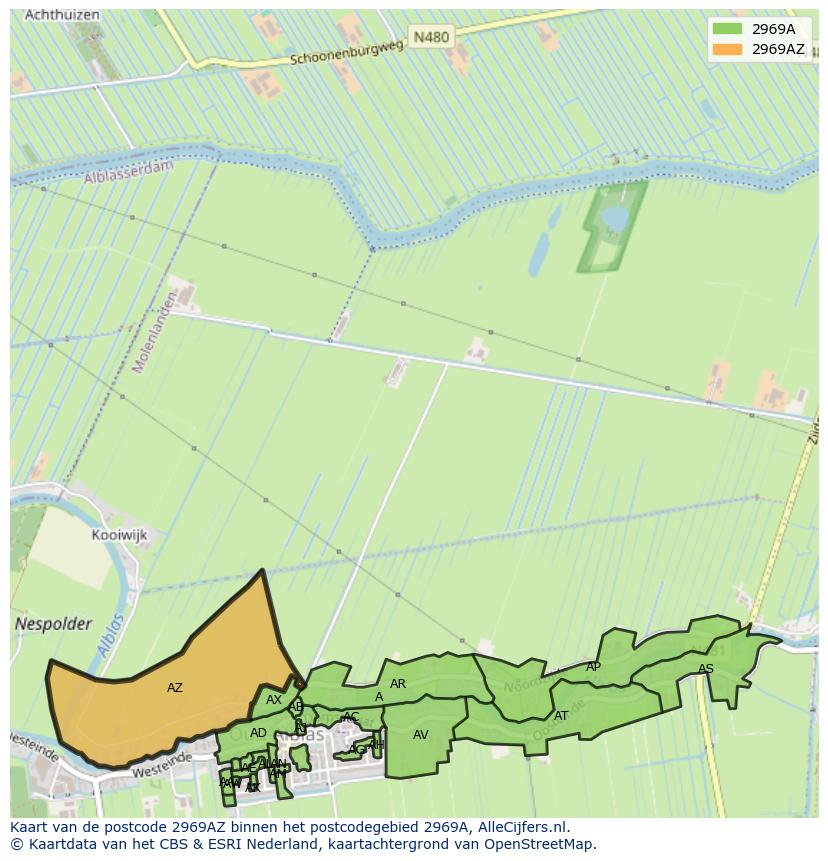 Afbeelding van het postcodegebied 2969 AZ op de kaart.