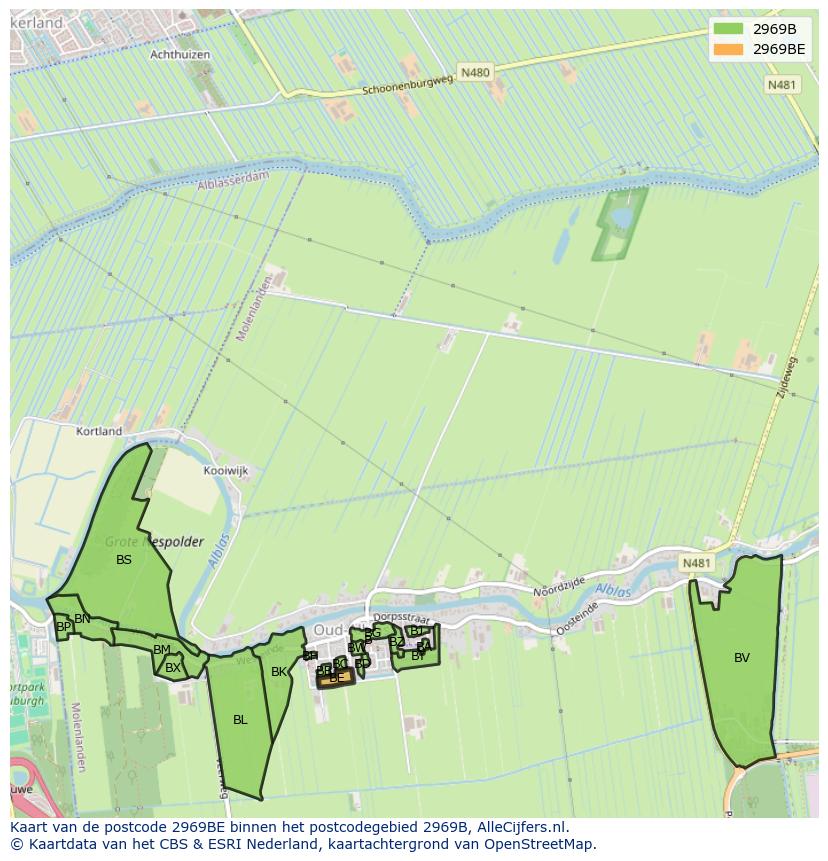 Afbeelding van het postcodegebied 2969 BE op de kaart.